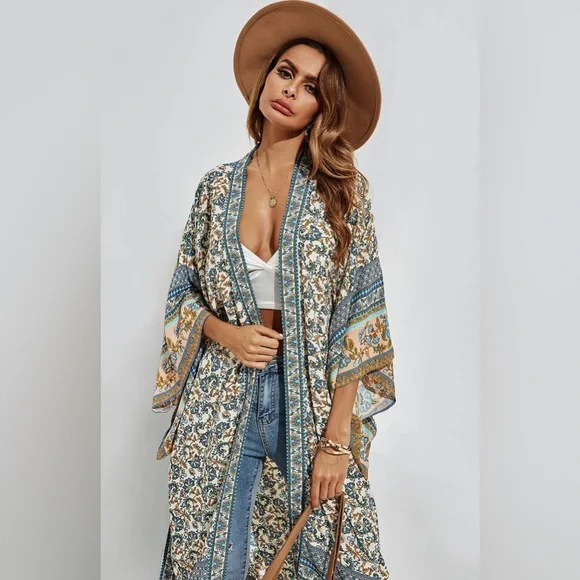 WORLD MARKET Floral Kimono with Blue and Tan Accents - Picture 13 of 17